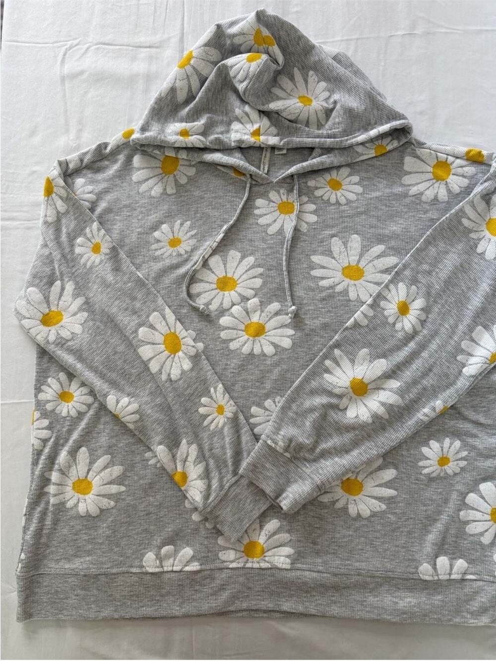 Live Well Women's Grey Daisy Floral Print Hooded ribbed long sleeve pullover
